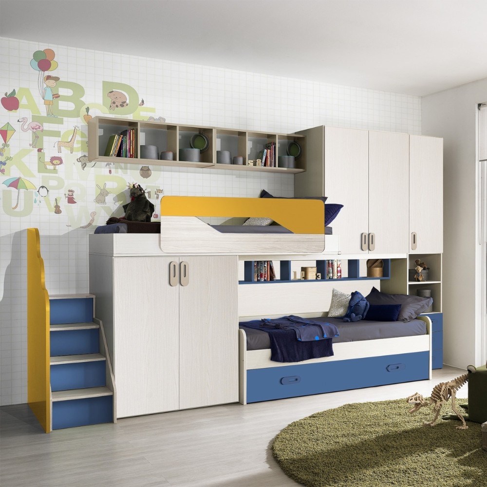 Cameretta soppalco Milly con 3 letti colore kiri avio giallo
