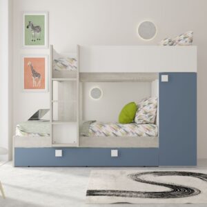 Cameretta con letto a castello e letto estraibile con armadio integrato colore bianco consumato e azzurro reversibile