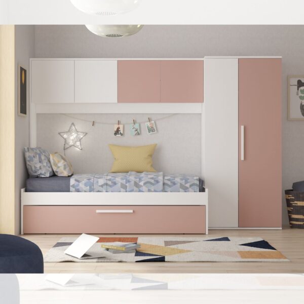 Cameretta a ponte 6007 con letto estraibile e armadio colore bianco e rosa antico reversibile
