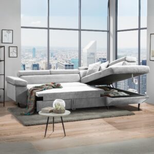 Divano letto Denver con penisola contenitore destra in Rondo 80 grigio chiaro