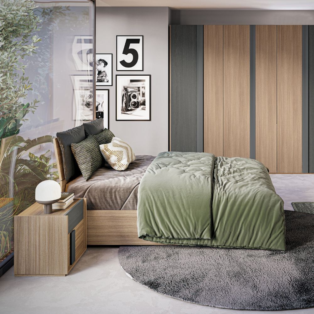 Camera da letto Faba con armadio 6 ante noce e grigio e letto contenitore in legno noce