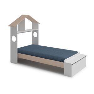 Letto singolo Odessa con testiera casetta e pediera contenitore in legno massiccio colore bianco