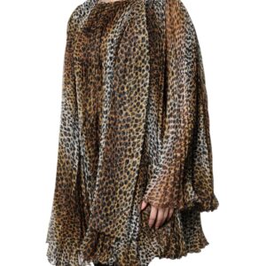 Brown Leopard Print Scarf Collared Chiffon Dress
