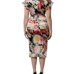 Multicolor Floral Short Sleeves Sheath Midi Dress