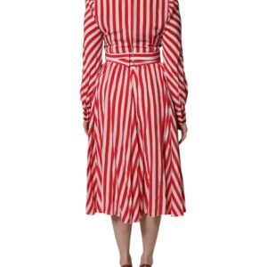 White Red Stripes Long Sleeves Midi Dress