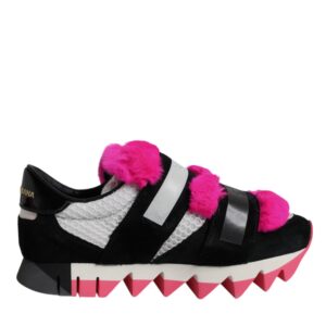 Black Pink Fur Embellished Sneakers Shoes